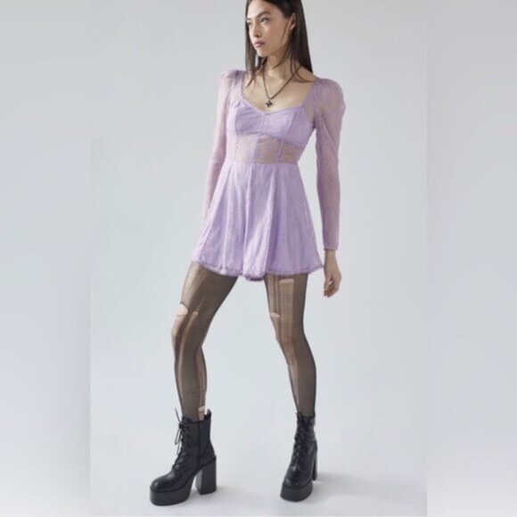 Urban Outfitters | Leah Lace Semi Sheer Romper New Medium Lilac Lavender Purple - Picture 1 of 10